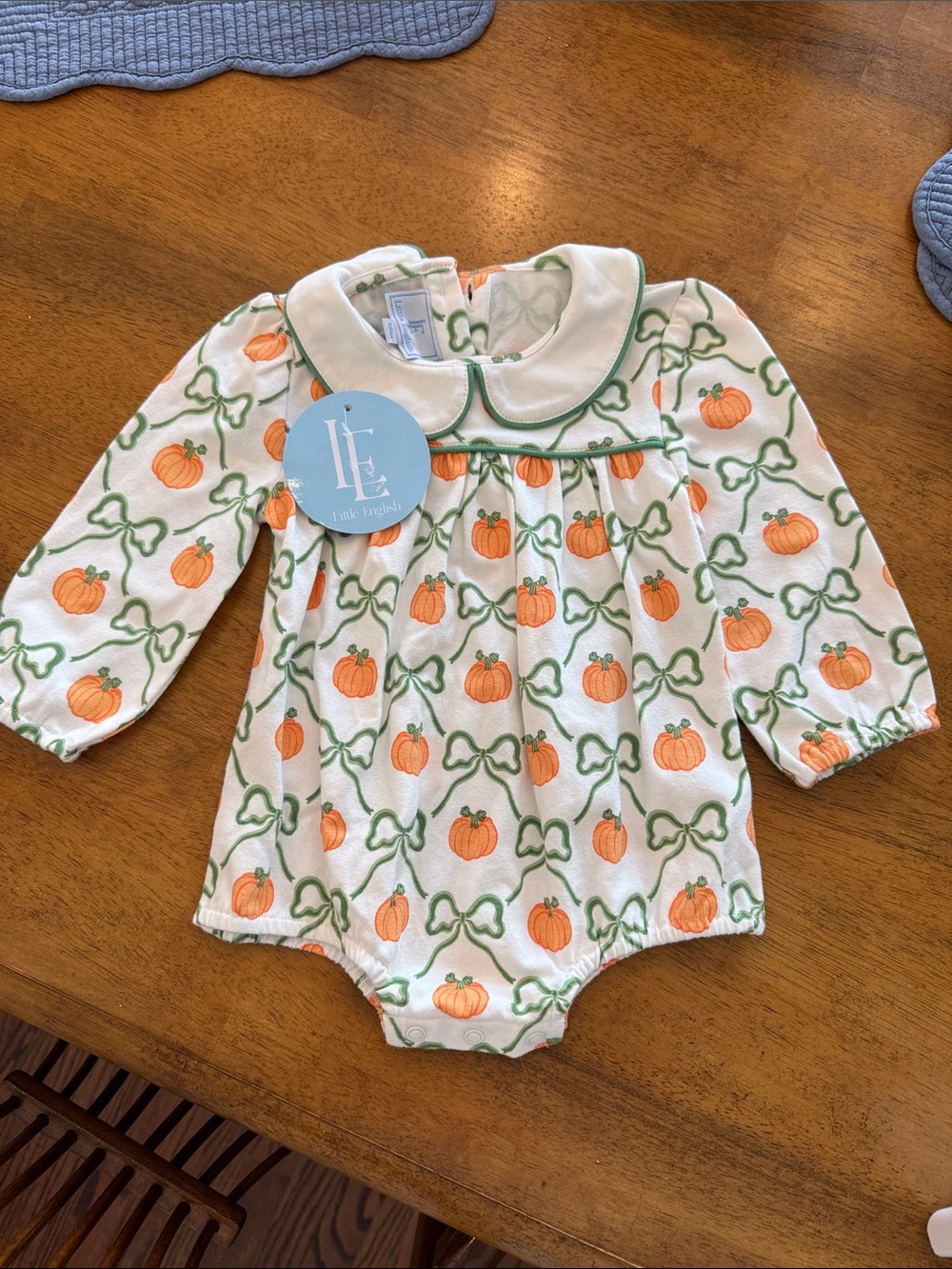 Little English White Bubble Orange Pumpkin and Green Bow
